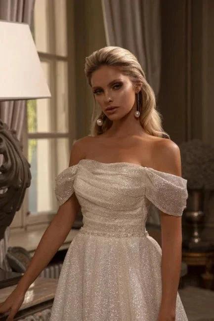 Modern Long A-line Off-the-shoulder Glitter Sleeveless Wedding Dresses (ZD14898)
