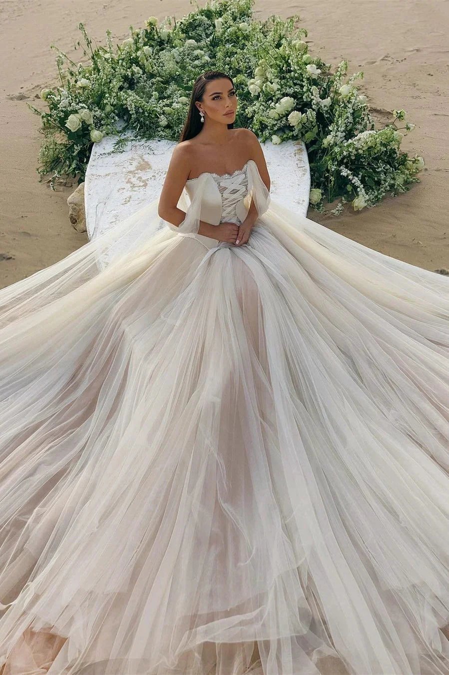 Modern Long A-line Off-the-shoulder Sleeveless Tulle Corset Wedding Dress (ZD14808)