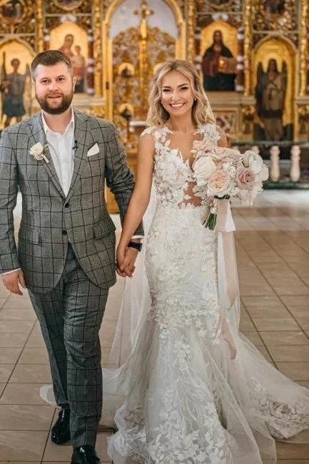 Modern Long Mermaid Sleeveless Appliques Wedding Dresses With Lace (ZD14988)