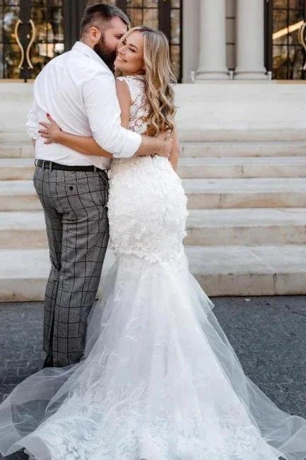 Modern Long Mermaid Sleeveless Appliques Wedding Dresses With Lace (ZD14988)