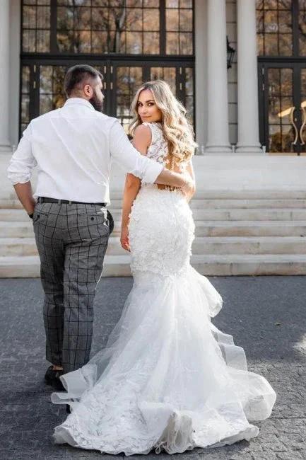 Modern Long Mermaid Sleeveless Appliques Wedding Dresses With Lace (ZD14988)