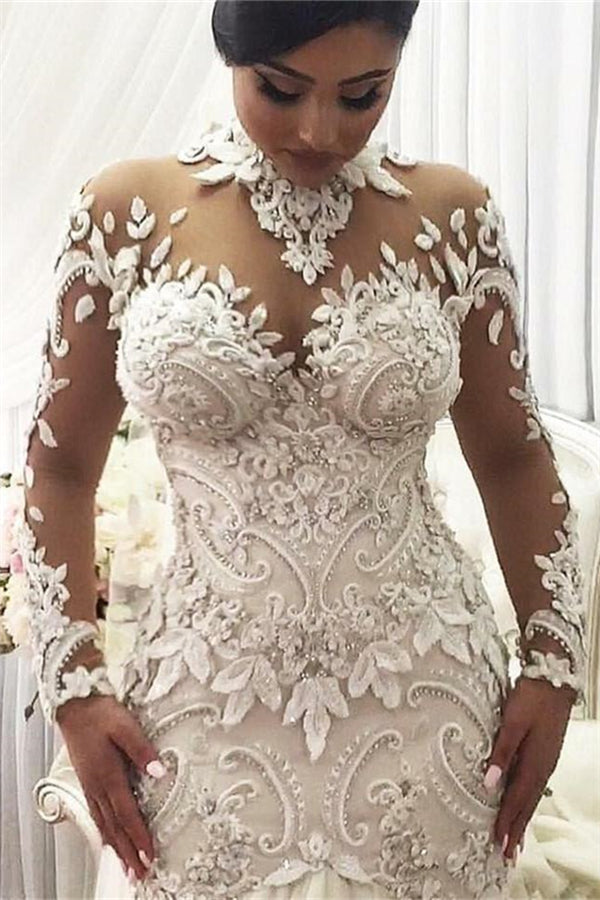 Modern Long Sleeves High Neck Lace Wedding Dress