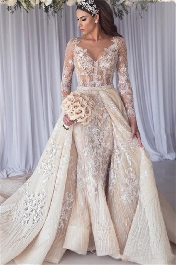 Modern Long Sleeves Lace Mermaid Overskirt Wedding Dress