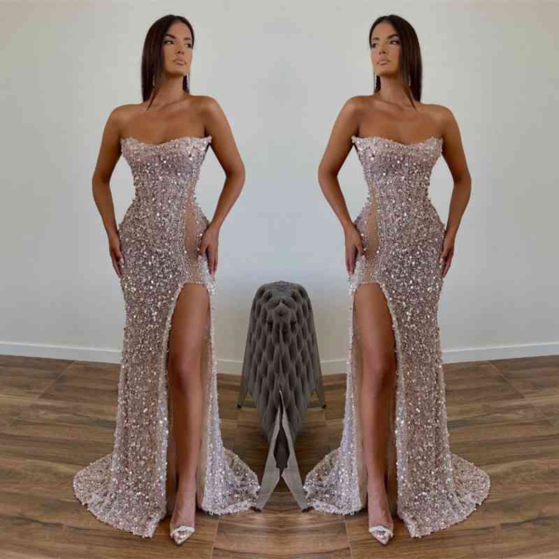Modern Sequined Long Strapless A-line Evening Prom Dresses with Front Slit