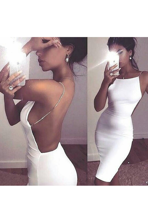 Modern Spaghetti-Strap Short Homecoming Dresses Sleeveless White Backless Cocktail Dress