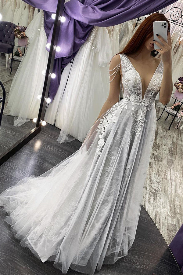 Modern V-Neck Sleeveless Aline Wedding Dress Floral Lace Bridal Dress