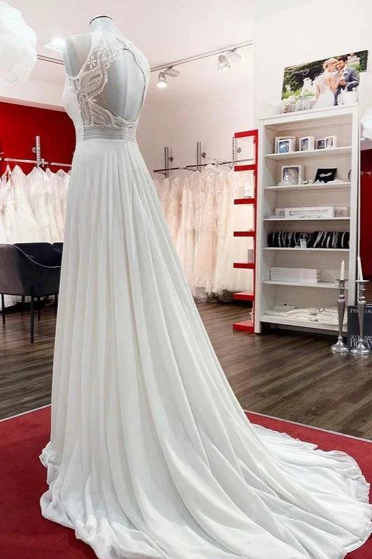 Modest Long A-line Chiffon Jewel Appliques Open Back Wedding Dress (ZD15256)