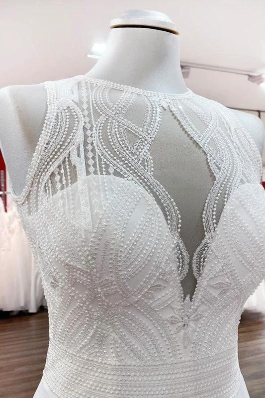 Modest Long A-line Chiffon Jewel Appliques Open Back Wedding Dress (ZD15256)