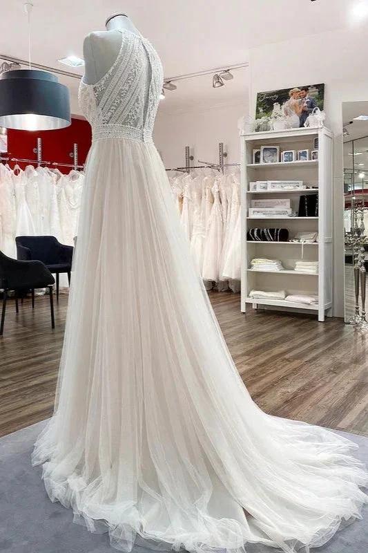 Modest Long A-line Halter Tulle Lace Backless Wedding Dresses (ZD15245)