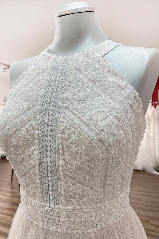 Modest Long A-line Halter Tulle Lace Backless Wedding Dresses (ZD15245)