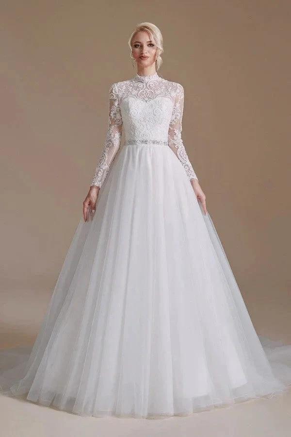 Modest Long A-line High Neck Tulle Lace Wedding Dresses with Sleeves (ZD14353)