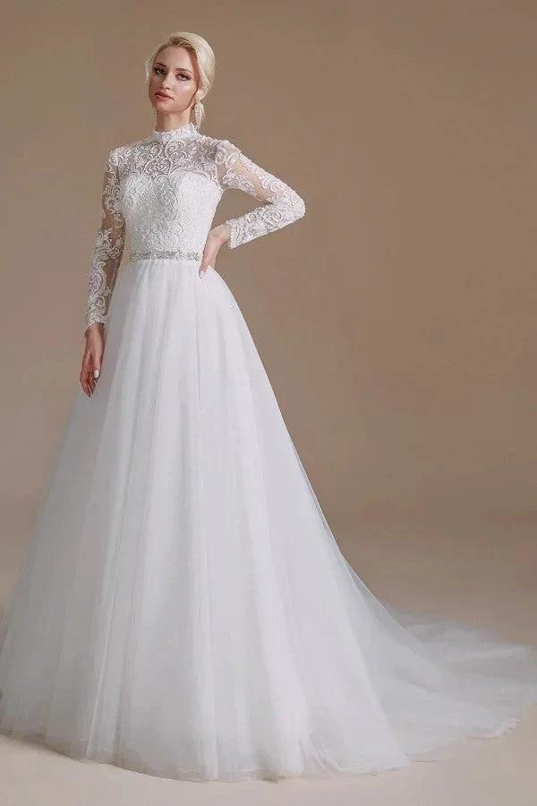 Modest Long A-line High Neck Tulle Lace Wedding Dresses with Sleeves (ZD14353)