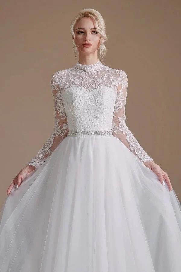 Modest Long A-line High Neck Tulle Lace Wedding Dresses with Sleeves (ZD14353)