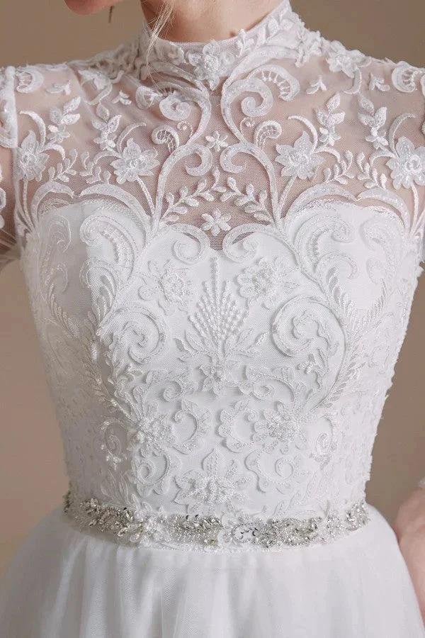 Modest Long A-line High Neck Tulle Lace Wedding Dresses with Sleeves (ZD14353) - View 7 | VelvetHem