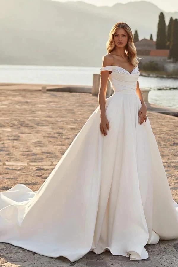 Modest Long A-line off the Shoulder Ruched Satin Wedding Dress with Crystals (ZD16751)