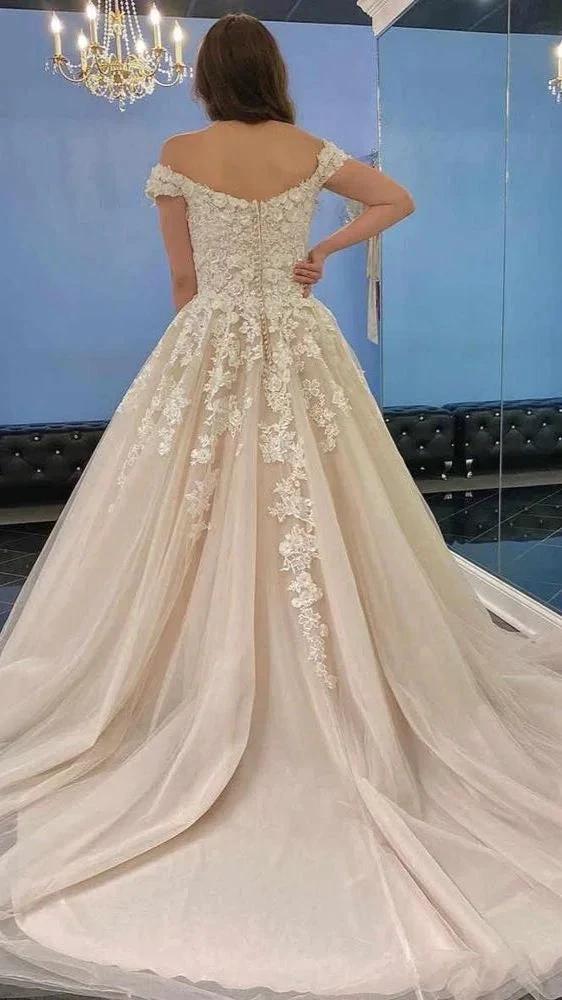 Modest Long A-line Off-the-Shoulder Tulle Lace Wedding Dress (ZD15176) - View 4 | VelvetHem