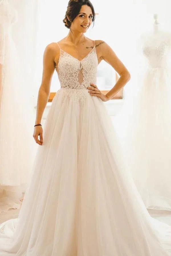 Modest Long A-line Spaghetti Straps Tulle Backless Wedding Dress (ZD15020)
