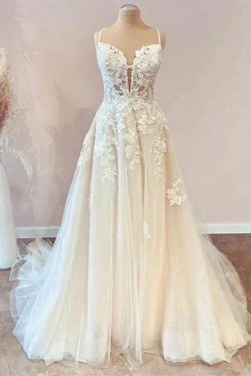Modest Long A-line Spaghetti Straps Tulle Wedding Dress with Appliques Lace (ZD15161)
