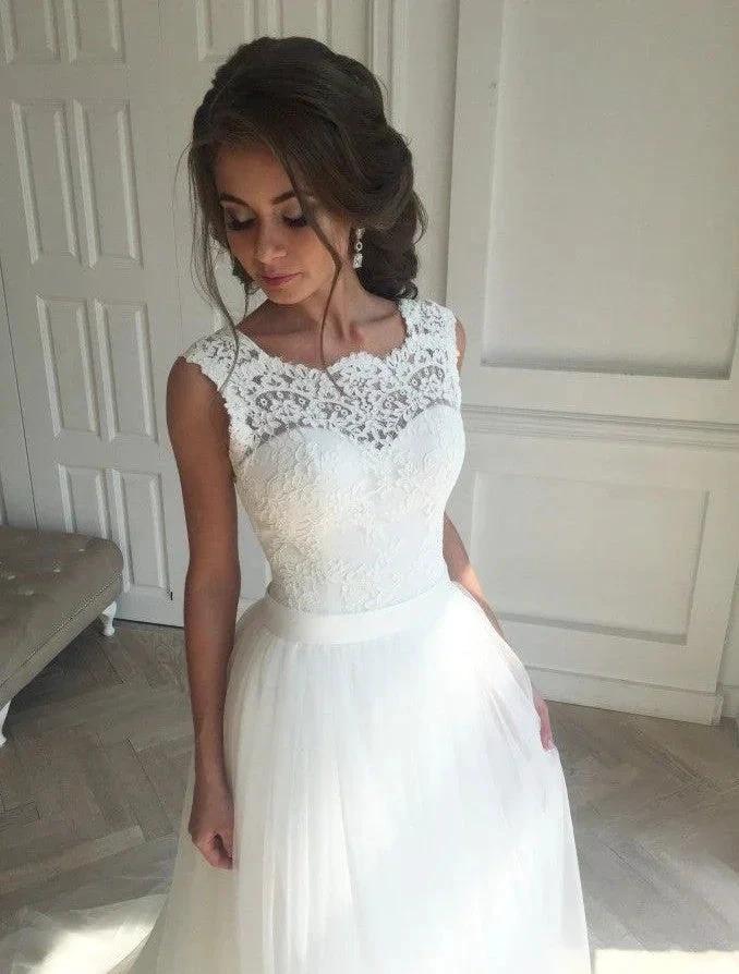 Modest Long A-line Tull Backless Lace Wedding Dress (ZD15777)