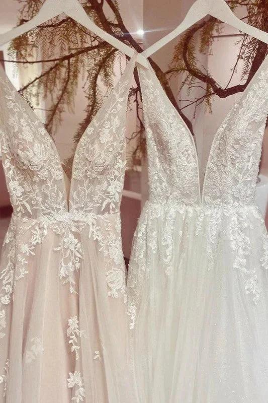 Modest Long A-line V-neck Backless Tulle Lace Wedding Dress (ZD14276) - View 3 | VelvetHem