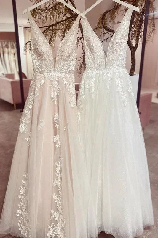 Modest Long A-line V-neck Backless Tulle Lace Wedding Dress (ZD14276) - VelvetHem