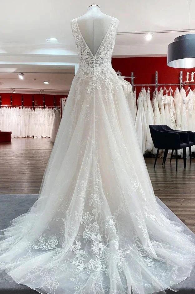 Modest Long A-line V-neck Open Back Tulle Wedding Dress with Appliques Lace (ZD14445)