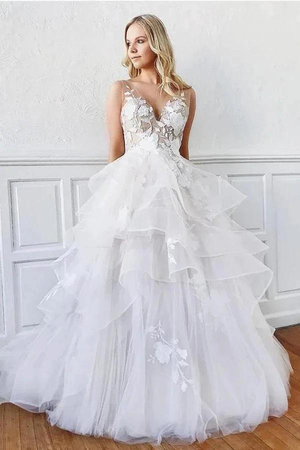 Modest Long A-line V-Neck Spaghetti Straps Tulle Backless Wedding Dress (ZD15014)