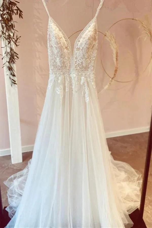 Modest Long A-line V-neck Spaghetti Straps Tulle Wedding Dress with Appliques Lace (ZD14444)