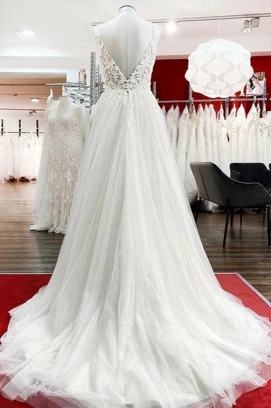 Modest Long A-line V-neck Tulle Ruffles Backless Wedding Dresses With Lace (ZD15263) - View 2 | VelvetHem