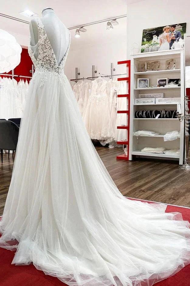 Modest Long A-line V-neck Tulle Ruffles Backless Wedding Dresses With Lace (ZD15263)
