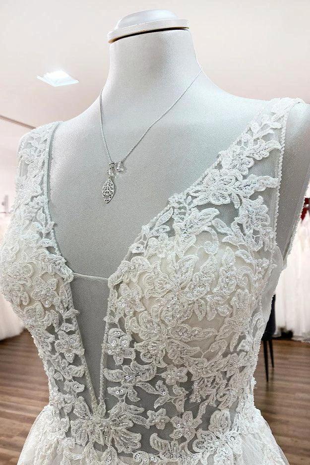 Modest Long A-line V-neck Tulle Ruffles Backless Wedding Dresses With Lace (ZD15263)