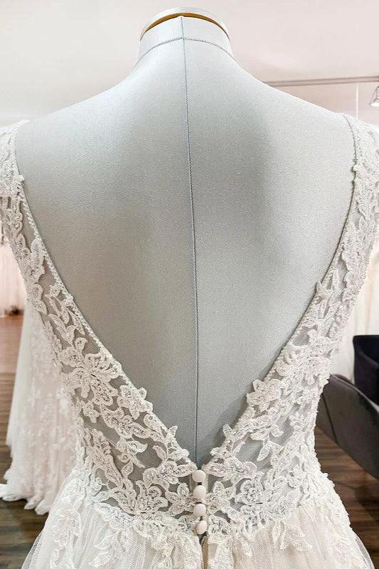 Modest Long A-line V-neck Tulle Ruffles Backless Wedding Dresses With Lace (ZD15263)