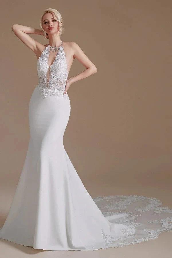 Modest Long Mermaid Halter Backless Satin Wedding Dresses with Appliques Lace (ZD14349)
