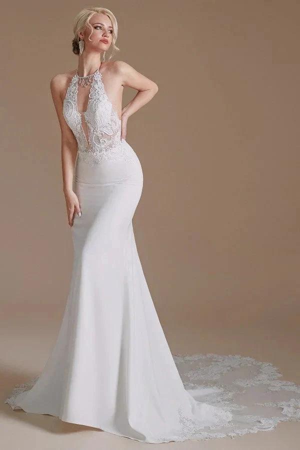 Modest Long Mermaid Halter Backless Satin Wedding Dresses with Appliques Lace (ZD14349)