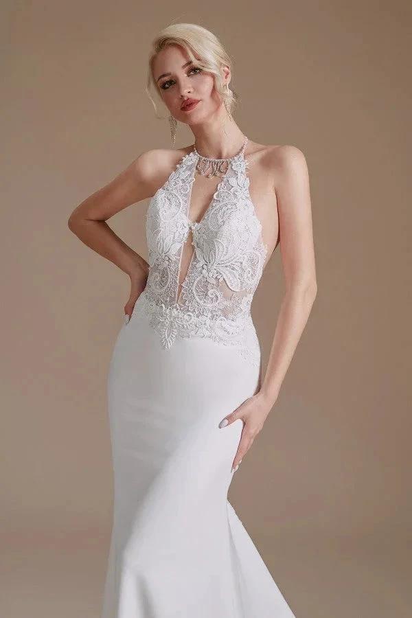 Modest Long Mermaid Halter Backless Satin Wedding Dresses with Appliques Lace (ZD14349)