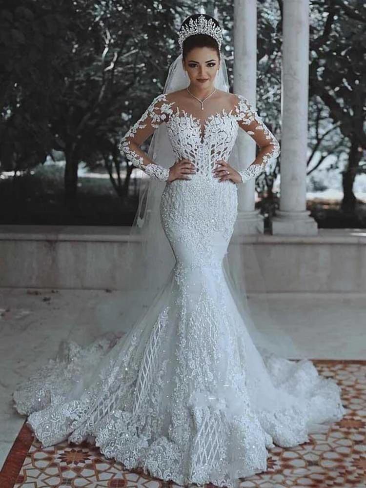 Modest Long Mermaid Lace Appliques Wedding Dresses with Sleeves (ZD15892)