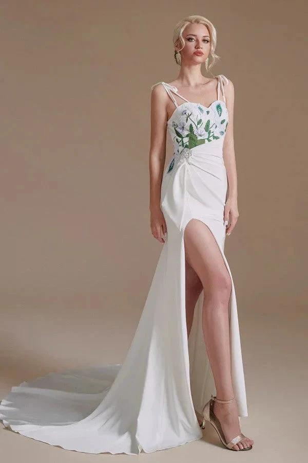 Modest Long Mermaid Satin Spaghetti Straps Open Back Wedding Dress with slit (ZD14347)