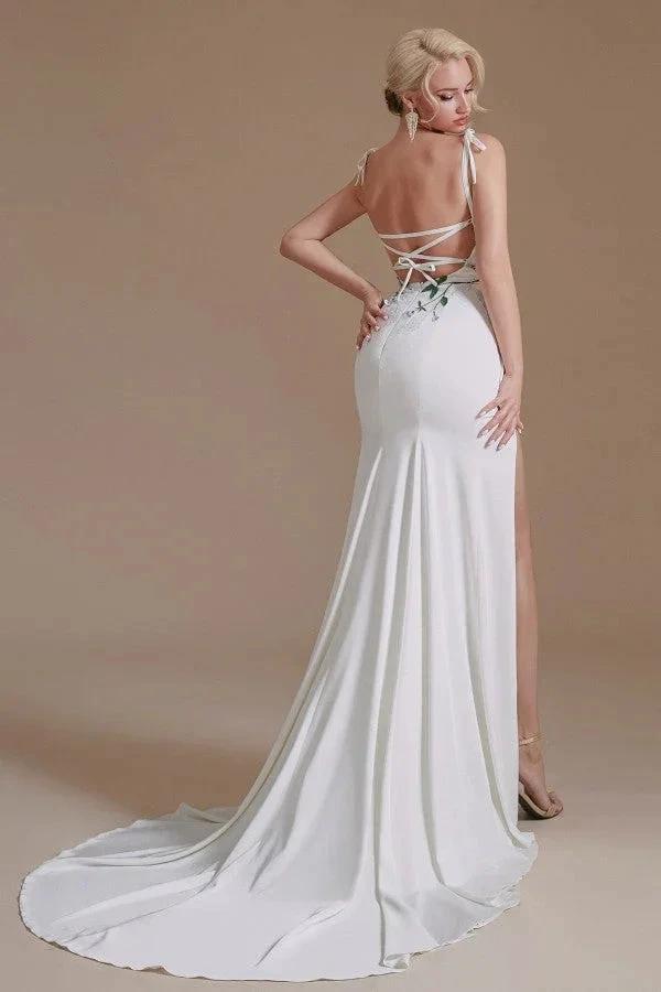 Modest Long Mermaid Satin Spaghetti Straps Open Back Wedding Dress with slit (ZD14347)