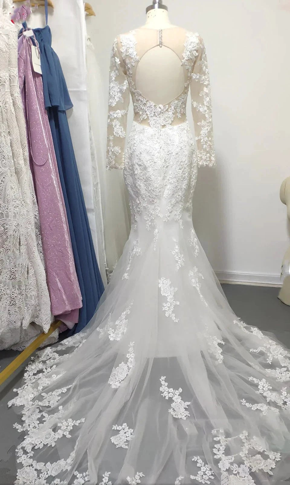 Modest Long Mermaid Sweetheart Lace Wedding Dress with Sleeves (ZD14344) - View 2 | VelvetHem