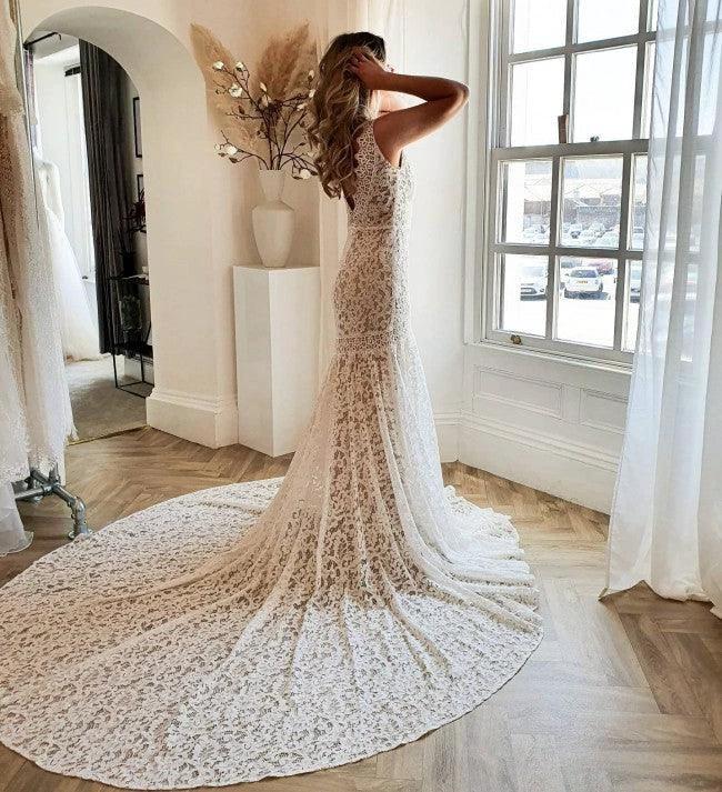 Modest Long Mermaid V-neck Open Back Lace Wedding Dress (ZD15166)