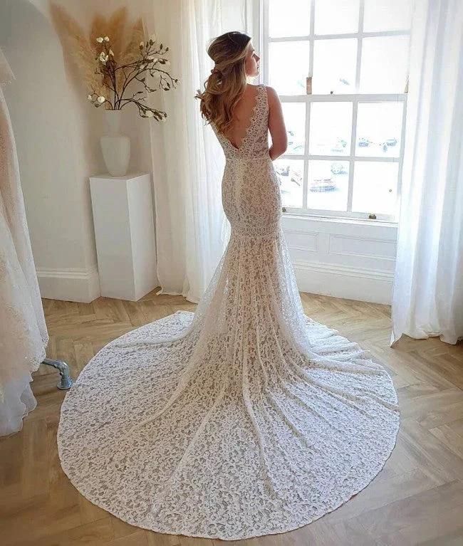 Modest Long Mermaid V-neck Open Back Lace Wedding Dress (ZD15166) - View 3 | VelvetHem