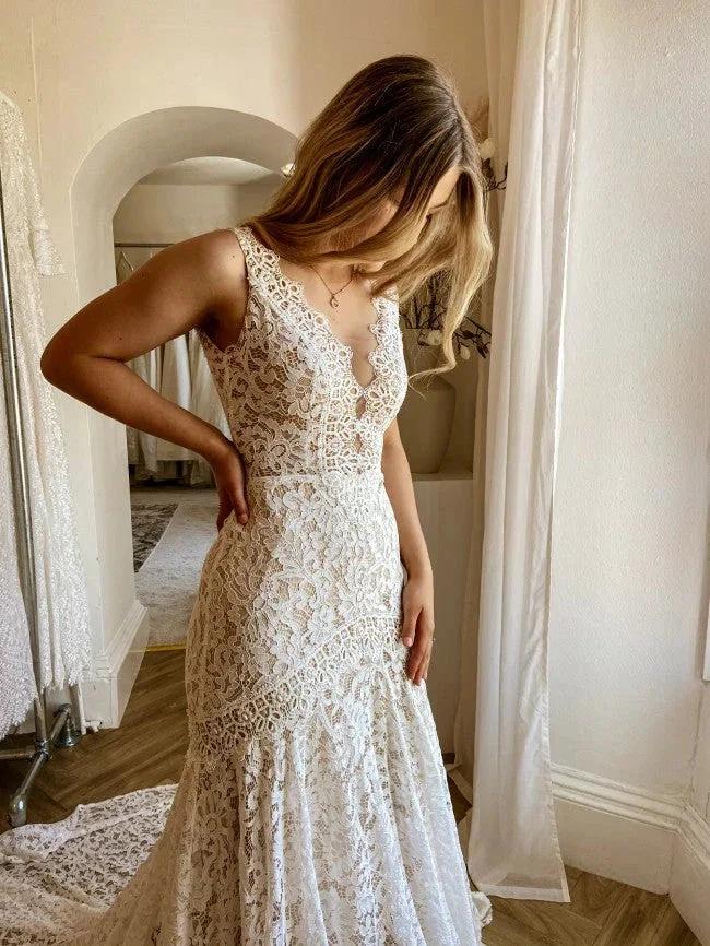 Modest Long Mermaid V-neck Open Back Lace Wedding Dress (ZD15166) - View 4 | VelvetHem