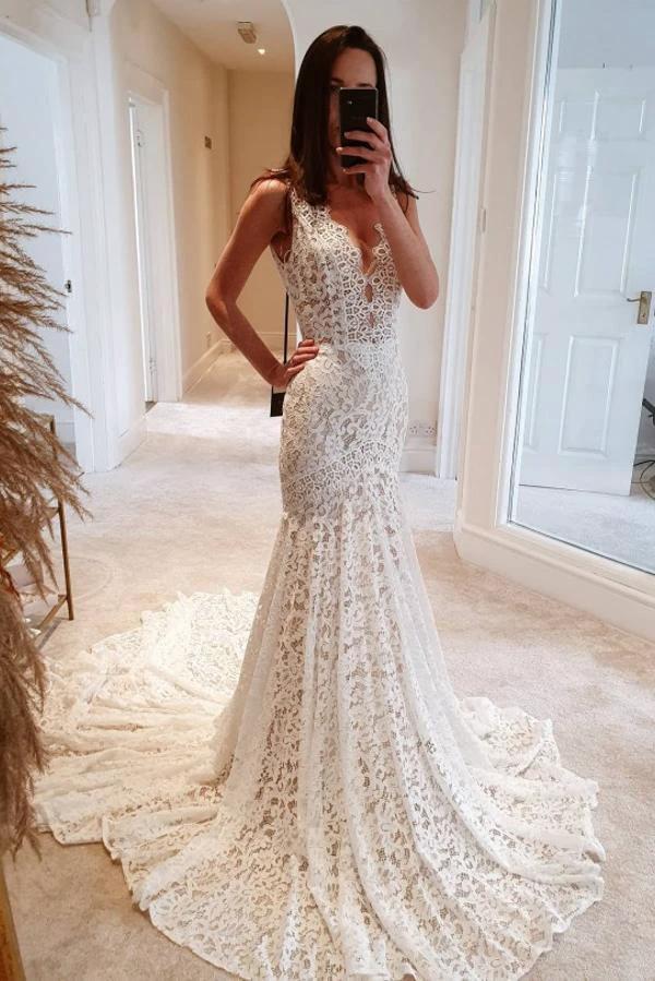 Modest Long Mermaid V-neck Open Back Lace Wedding Dress (ZD15166)