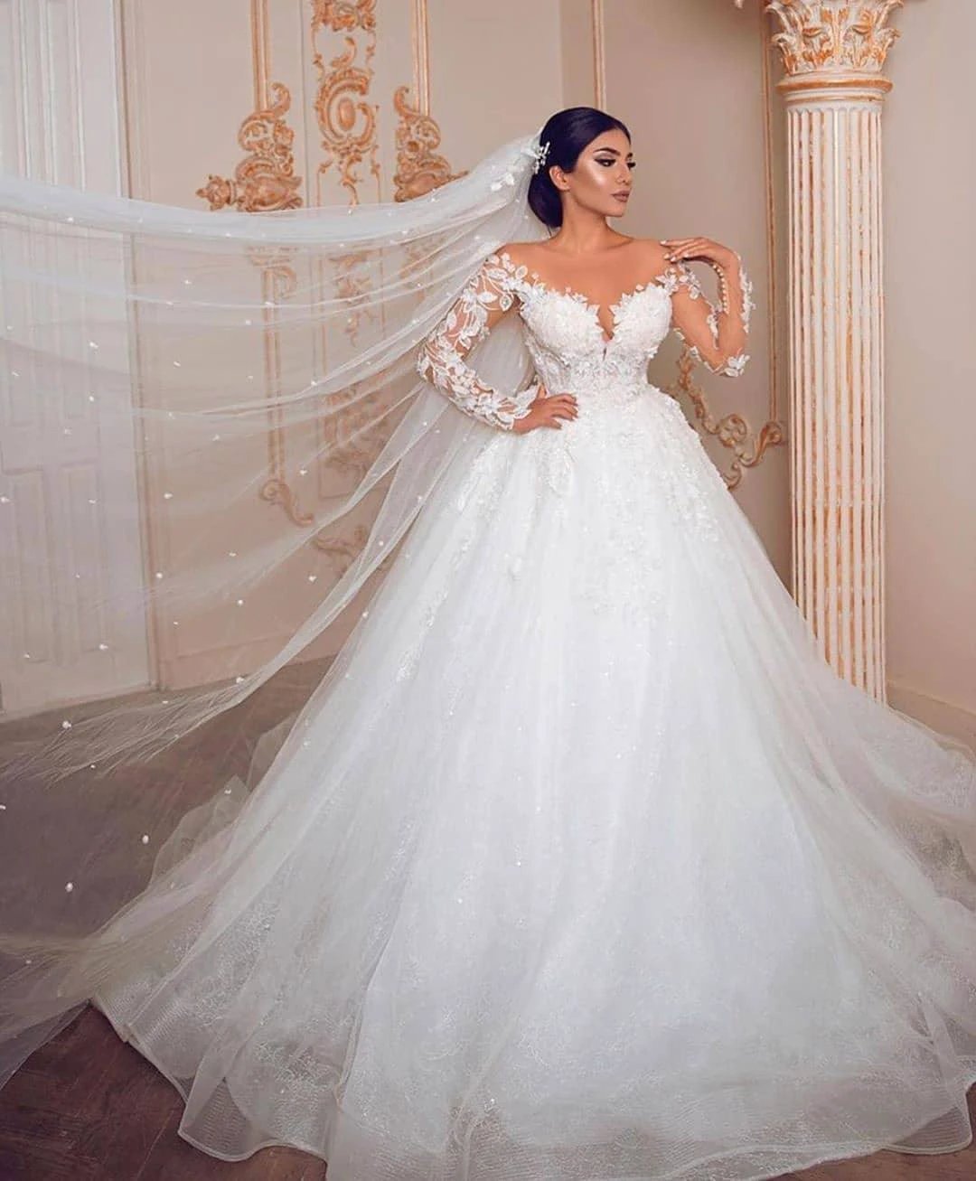 Modest Long Princess Tulle Lace Wedding Dress with Sleeves (ZD15143)
