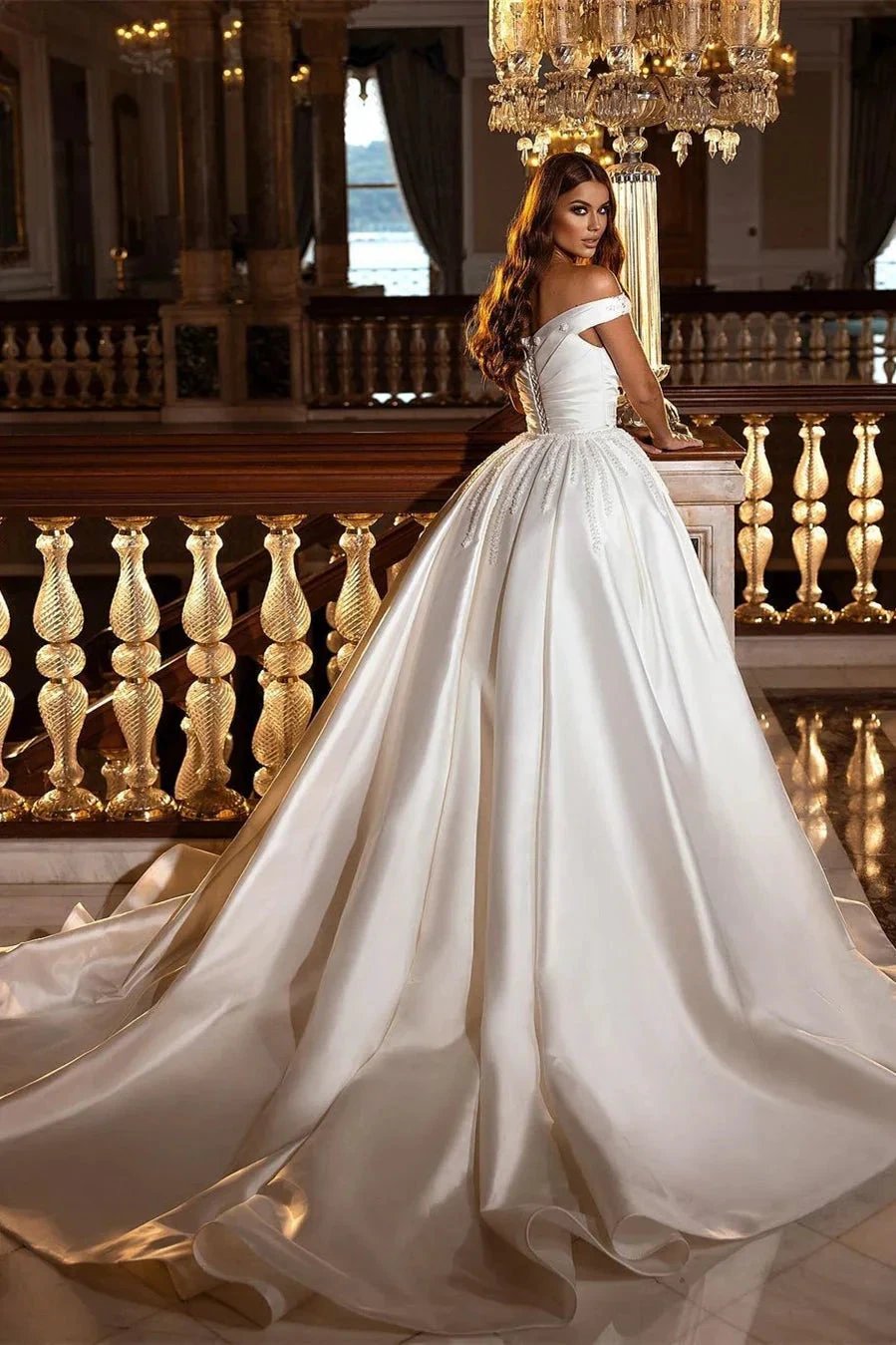 Modest Off-the-Shoulder Satin Wedding Dress with Detachable Sweep Train (ZD16418)