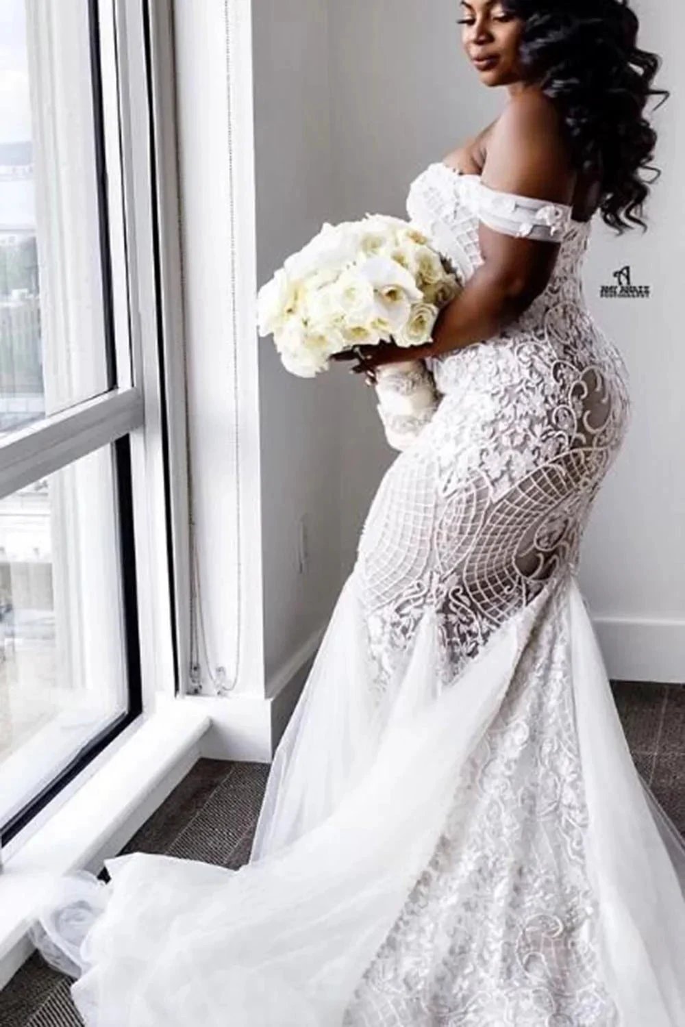 Modest Plus Size Long Mermaid Off-the-Shoulder Lace Wedding Dresses (ZD15837)