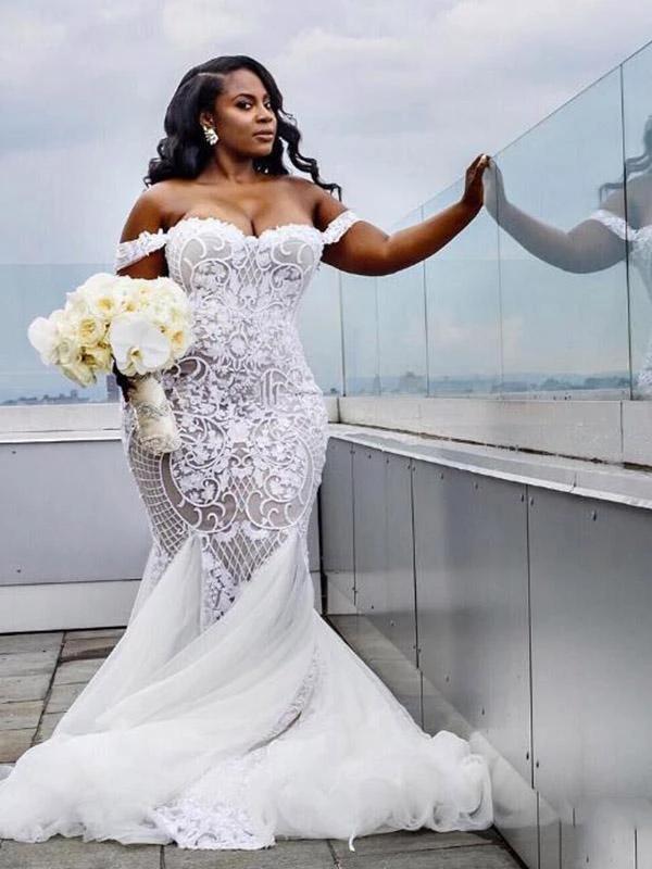 Modest Plus Size Long Mermaid Off-the-Shoulder Lace Wedding Dresses (ZD15837)