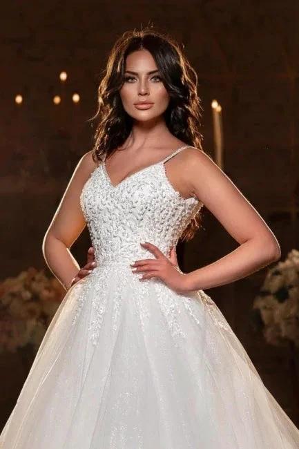 Modest Spaghetti Strap Sleevesless A-Line Floor-Length Tulle Wedding Dresses with Applique (ZD14669)