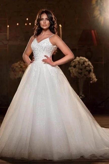 Modest Spaghetti Strap Sleevesless A-Line Floor-Length Tulle Wedding Dresses with Applique (ZD14669)