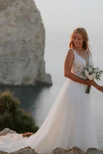 Modest Straps Sleeveless Column Floor-Length Tulle Wedding Dresses with Appliques (ZD14654)